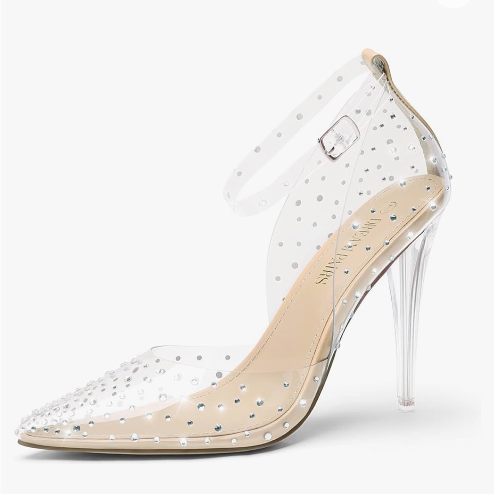 Dream Paris High Heel, Clear, Rhinestone, Pointed Toe, Stiletto.